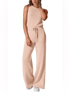 PRETTYGARDEN One piece Wide-Leg Drawstring BEIGE Jumpsuit Size XXL